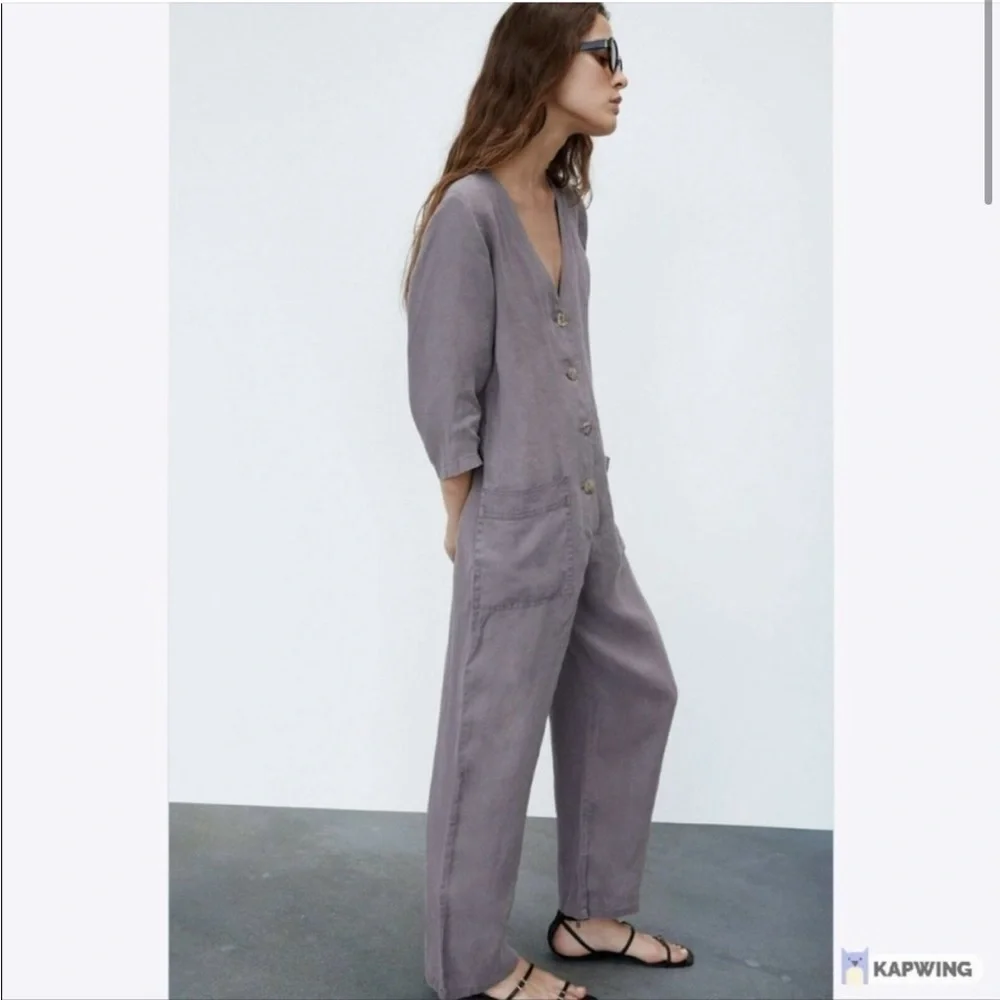 ZARA NEW The Lillian Gray 100% Linen ButtonFront Jumpsuit Small
